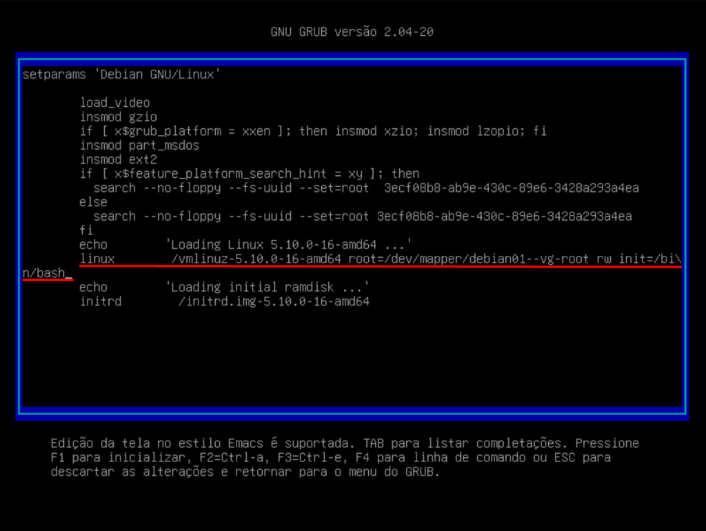 Configuração do GNU GRUB alterada